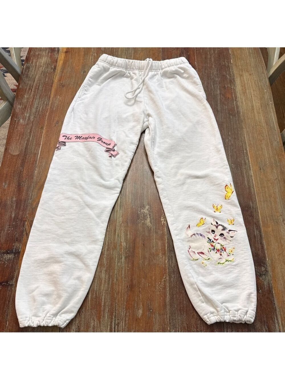 The Mayfair Group White Kitten Butterfly Graphic Joggers XS